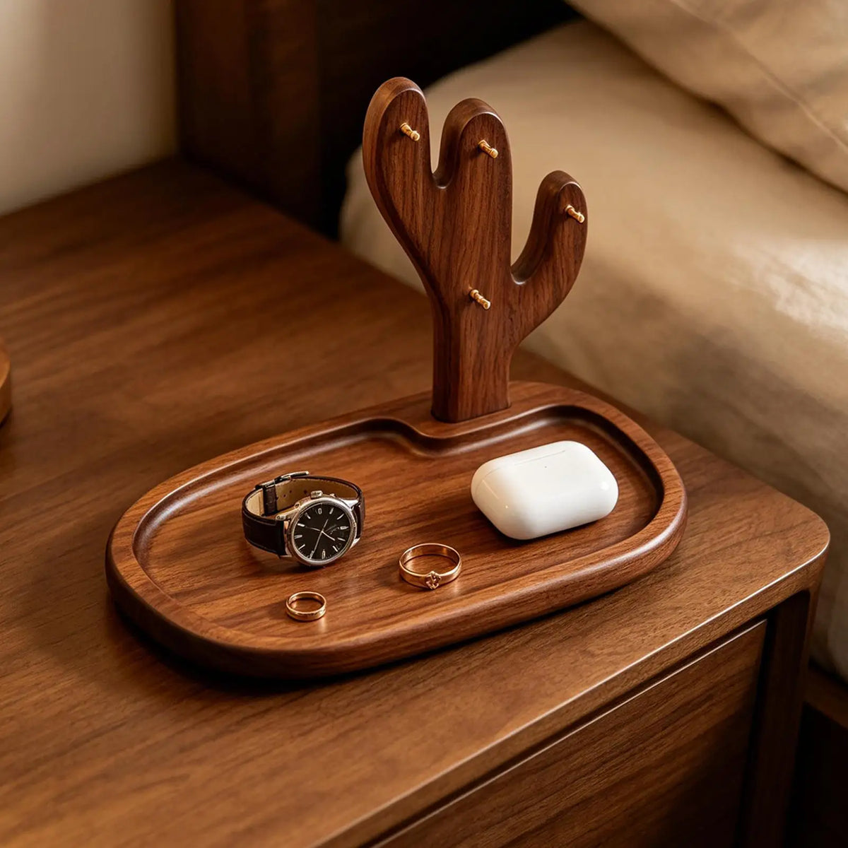 Rustic Wooden Key Tray for Entryway Table & Nightstand | Solid Wood Valet Organiser for Keys, Wallet & Jewellery | Birthday Gift Idea