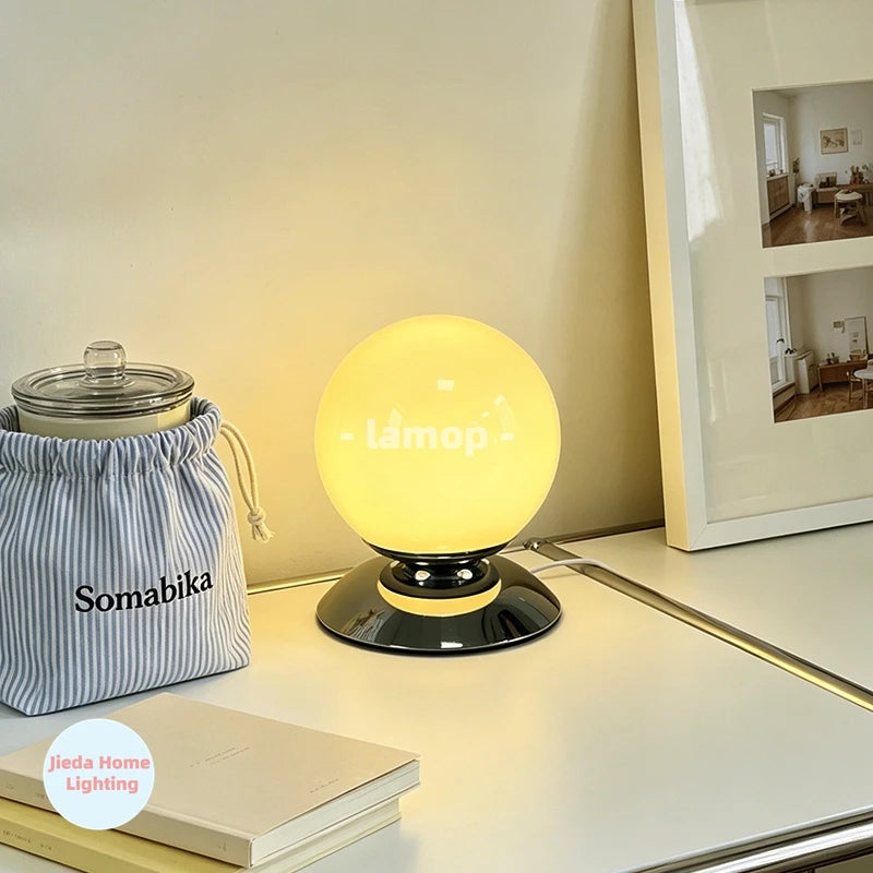 Globe Glass Table Lamp on Plinth for Bedroom & Living Room | Italian-Style Geometric Retro Bedside Lamp | Dimmable, 3 Colour Temperatures