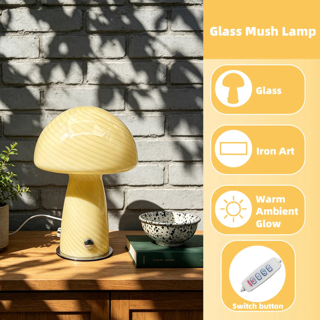 Murano-Style Glass Mushroom Lamp for Bedside & Living Room | Mid-Century Retro Table Lamp | Dimmable Plug-in LED, Swirl or Solid Designs
