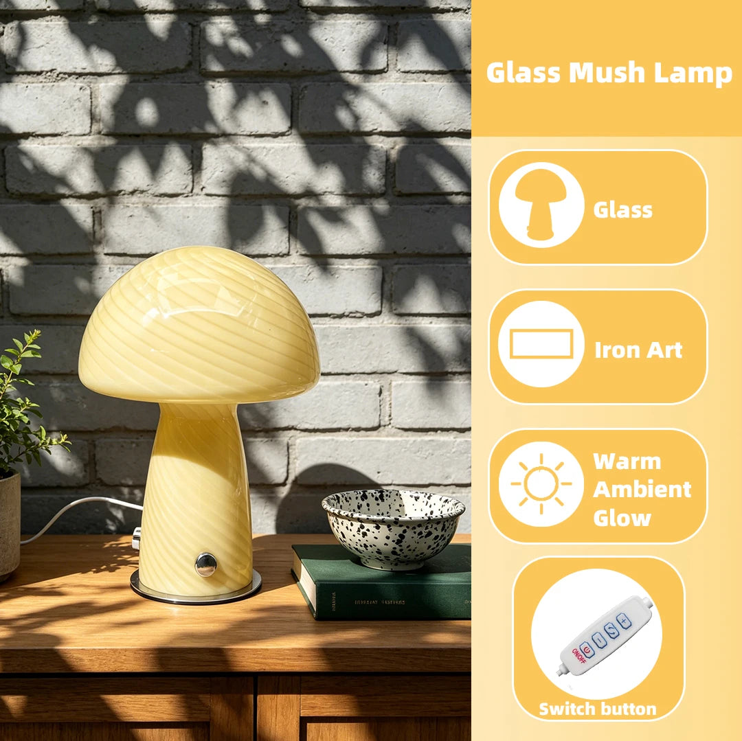 Murano-Style Glass Mushroom Lamp for Bedside & Living Room | Mid-Century Retro Table Lamp | Dimmable Plug-in LED, Swirl or Solid Designs