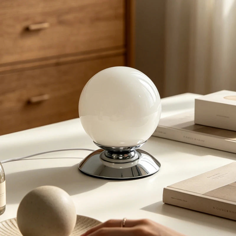 Globe Glass Table Lamp on Plinth for Bedroom & Living Room | Italian-Style Geometric Retro Bedside Lamp | Dimmable, 3 Colour Temperatures