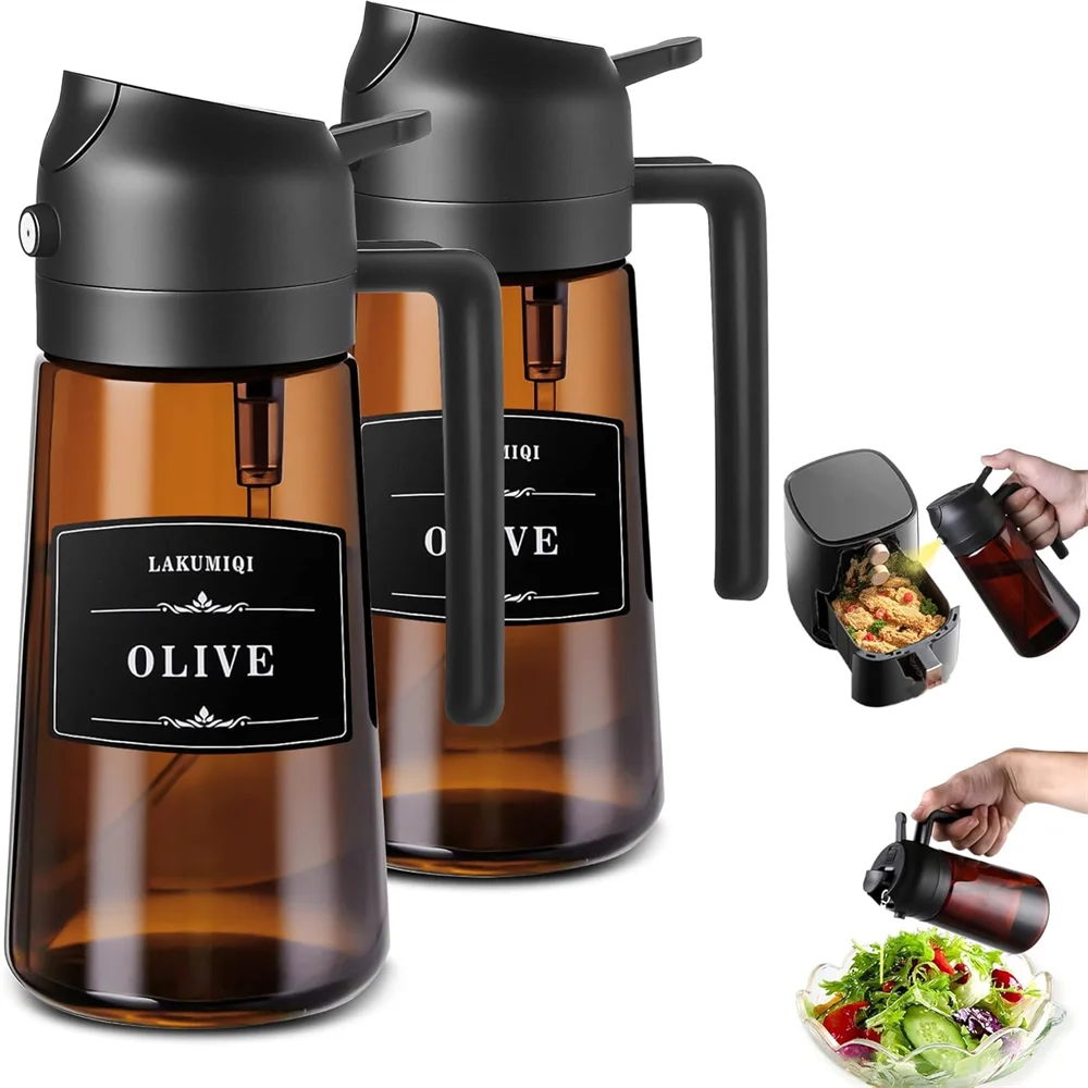 Glass Olive Oil Sprayer & Dispenser for Cooking & Air Fryer | 2 in 1 Pour & Spray Oil Bottle 470ml | Leakproof Kitchen Essential in 3 Colours