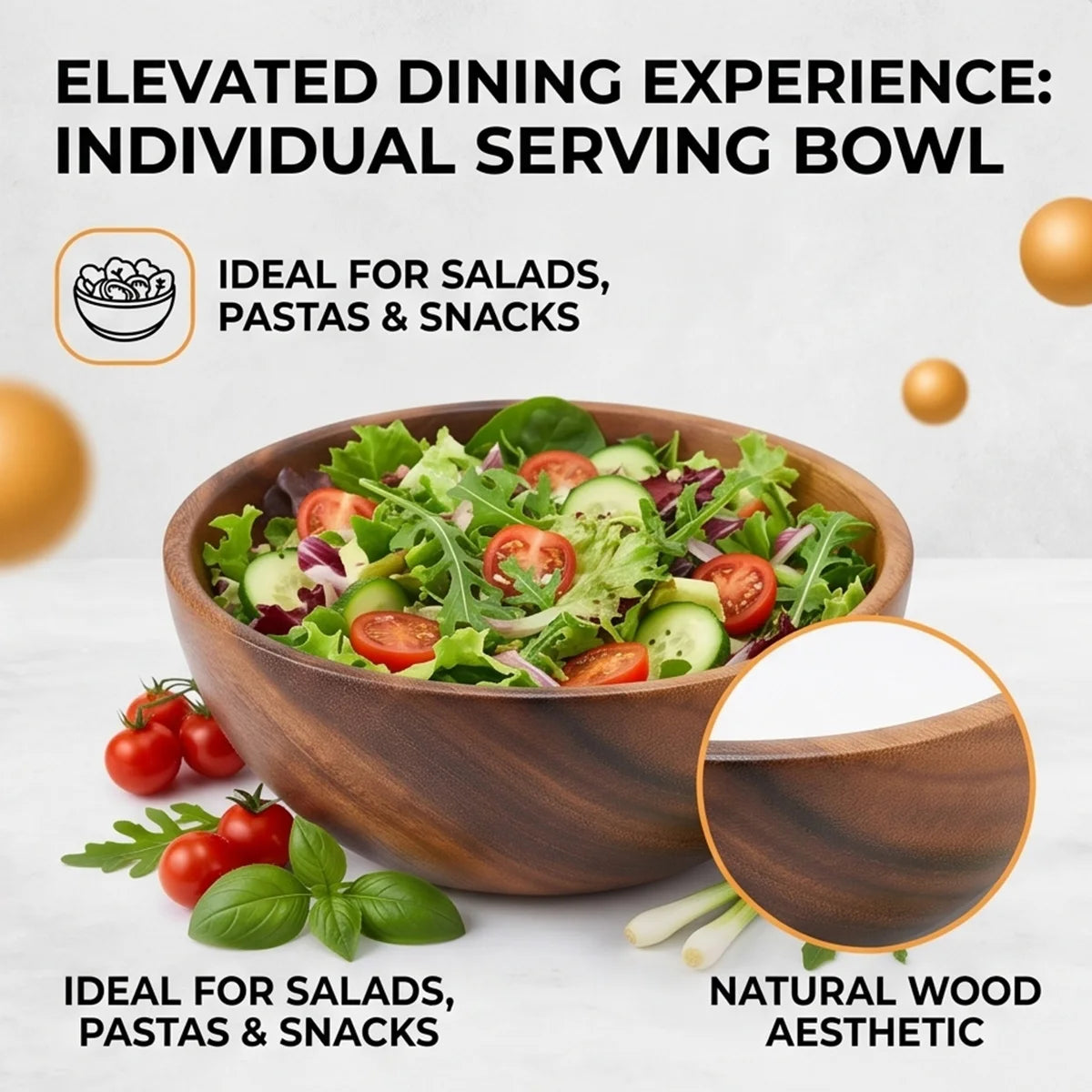 Solid Acacia Wood Serving Bowl for Salads, Snacks & Fruit | One-Piece Hand-Finished Wooden Bowl | Food-Safe Kitchen Tableware, 250ml–1100ml
