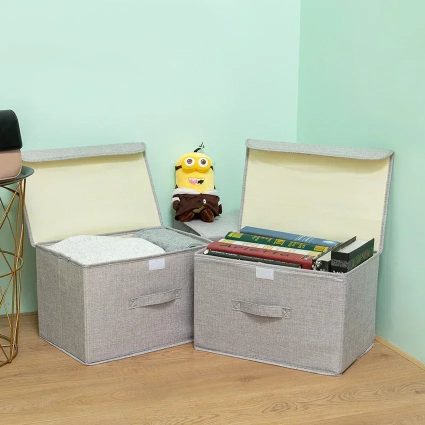 Foldable Cotton Linen Storage Box with Lid for Closet, Nursery & Shelves | Washable Fabric Storage Bin | Toy & Clothes Organiser, 2 Sizes