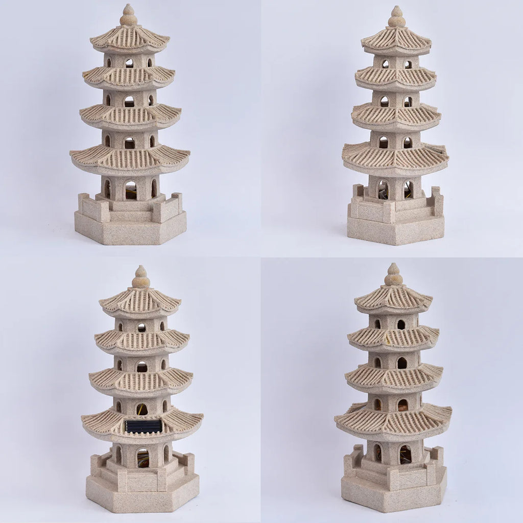 Solar Pagoda Lantern Statue for Garden, Patio & Zen Garden | Japanese Style Resin Garden Ornament | Warm LED Solar Garden Light, 4 Styles