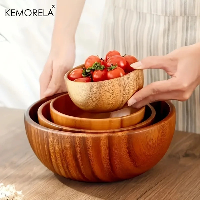 Acacia Wood Salad Bowl for Kitchen & Dining Table | Natural Wooden Serving Bowl for Fruit & Snacks | Heat-Insulating Tableware, 4 Styles