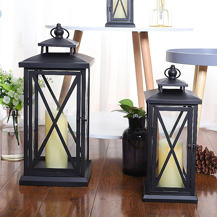 Glass Lantern Candle Holder for Patio, Dining Table & Entryway | Black Metal Hurricane Lantern | Windproof Modern Candle Holder, 30 to 50cm