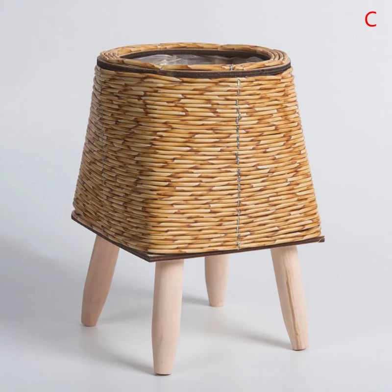 Woven Plant Stand with Removable Wooden Legs for Living Room & Patio | Handmade Rattan-Look Planter Basket | Nordic Plant Pot Holder, 6 Styles