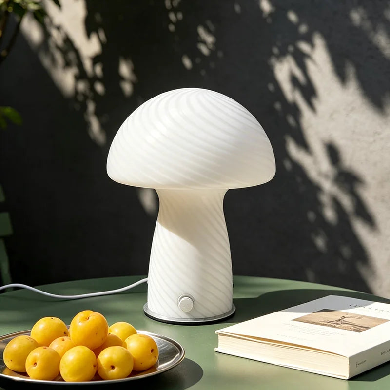 Murano-Style Glass Mushroom Lamp for Bedside & Living Room | Mid-Century Retro Table Lamp | Dimmable Plug-in LED, Swirl or Solid Designs