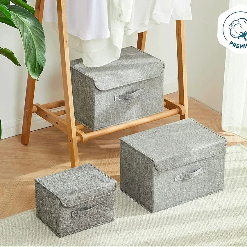 Foldable Cotton Linen Storage Box with Lid for Closet, Nursery & Shelves | Washable Fabric Storage Bin | Toy & Clothes Organiser, 2 Sizes