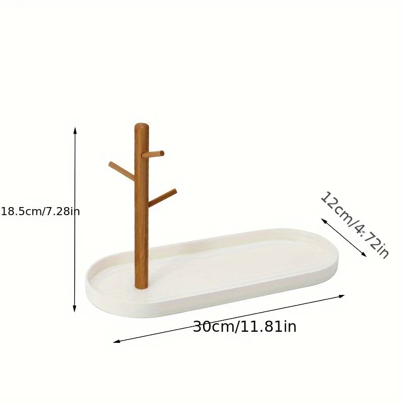 Entryway Key Tray with 3-Tier Wooden Hanging Rack | Key Bowl, Ring Holder & Jewellery Dish Organiser | Minimalist White or Black
