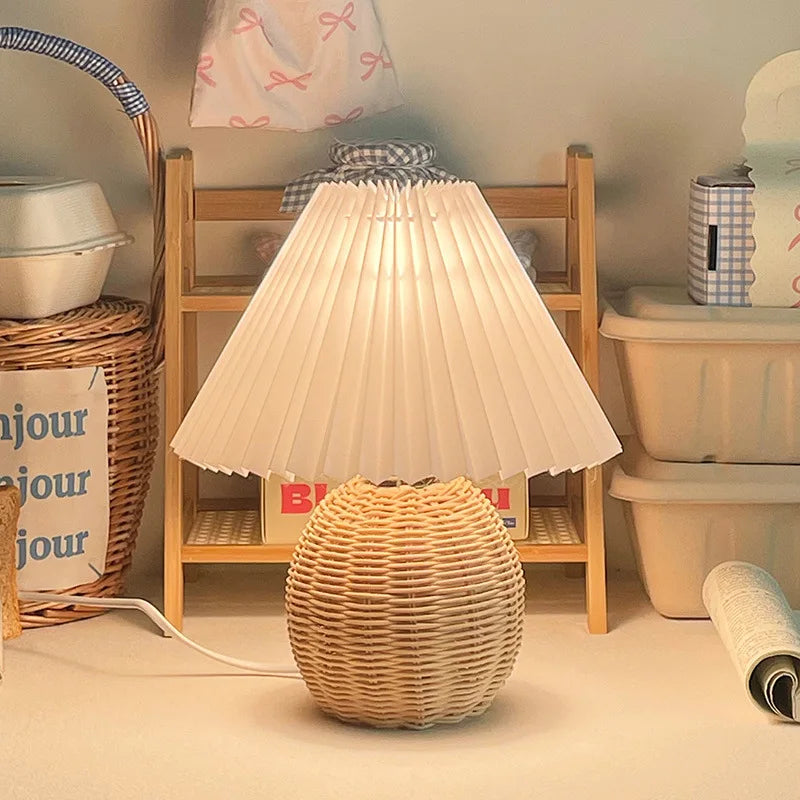 Rattan Table Lamp for Bedroom Nightstand & Reading Corner | Hand-Woven Base with Pleated Umbrella Shade | Vintage Dimmable Bedside Lamp