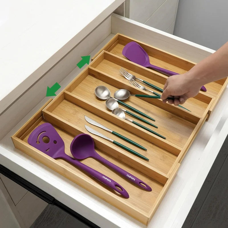 Expandable Bamboo Drawer Organiser for Kitchen Cutlery | Adjustable Utensil Tray & Silverware Divider | Natural Kitchen Storage, 2 Styles