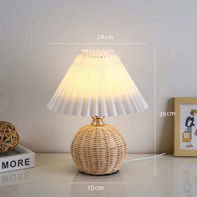Rattan Table Lamp for Bedroom Nightstand & Reading Corner | Hand-Woven Base with Pleated Umbrella Shade | Vintage Dimmable Bedside Lamp