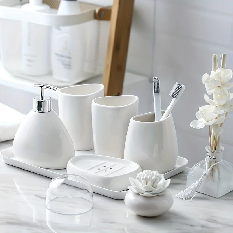 Ceramic Bathroom Accessories Set for Vanity & Bathroom Counter | Soap Dispenser, Tumbler, Toothbrush Holder & Soap Dish | 4 or 5 Pieces in White, Silver or Gold