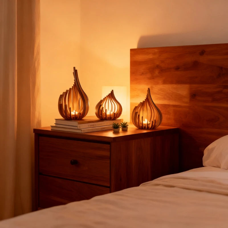 Handmade Wooden Candle Holder for Dining Table & Mantel | Sculptural Flame-Shaped Candlestick | Romantic Table Decor, S, M, L or Set of 3