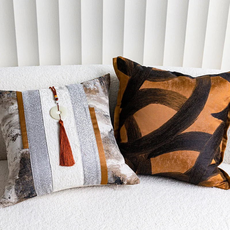 Wabi-Sabi Patchwork Throw Pillow Cover for Living Room & Bedroom | Earth Tone Textured Cushion | Minimalist Bedroom Decor