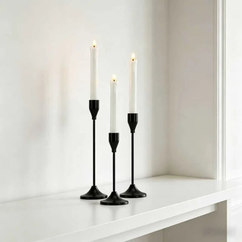 Black Metal Candle Holder Set for Dining Table & Mantel | Nordic Minimalist Taper Candlesticks with Round Base | Wedding & Party Centrepiece, 3–30 Pcs