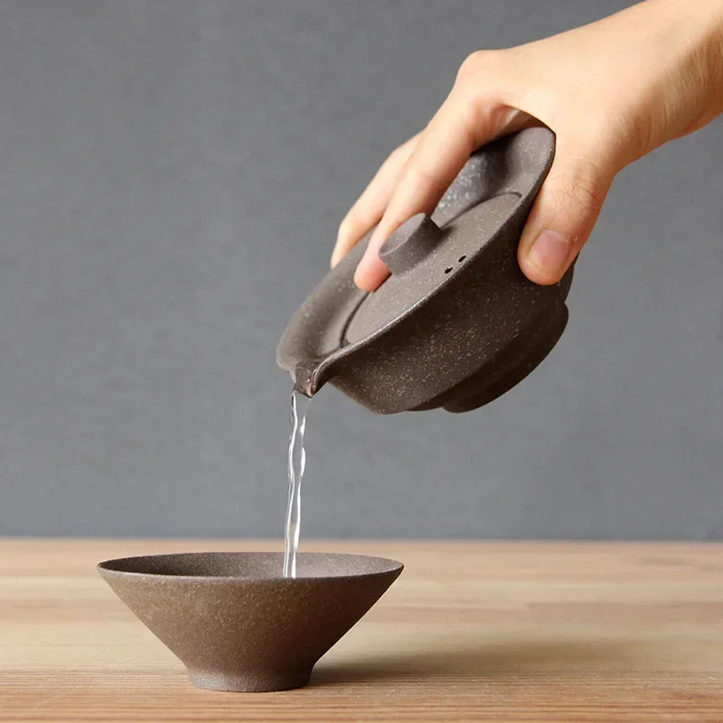Japanese Travel Tea Set | Portable Ceramic Kung Fu Teaware, 1 Pot & 2 Cups, Vintage Drinkware for Home, Office & Travel