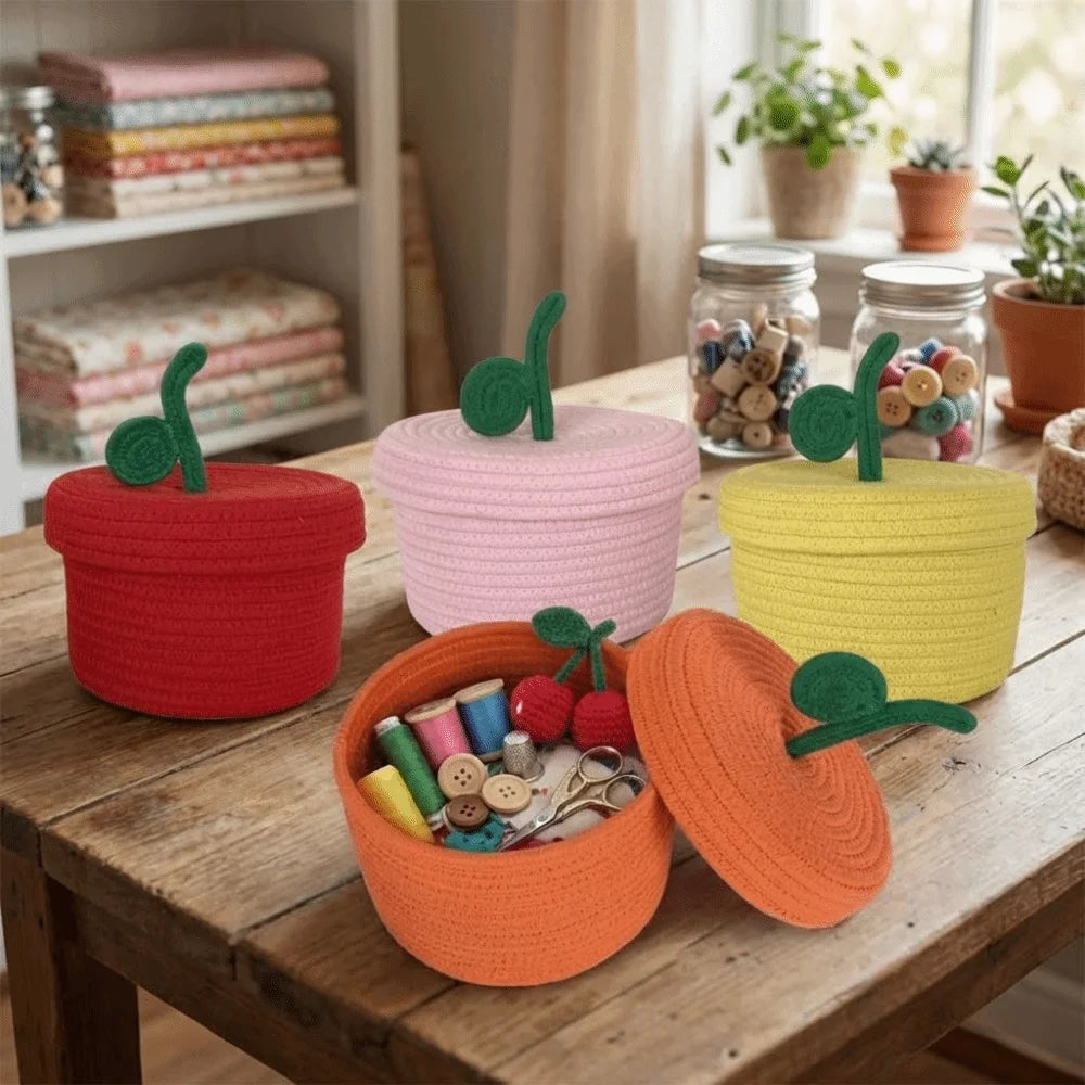 Small Cotton Rope Basket with Lid for Desk, Shelf & Bathroom | Hand-Woven Round Storage Basket | Colourful Lidded Organiser, 20x14cm