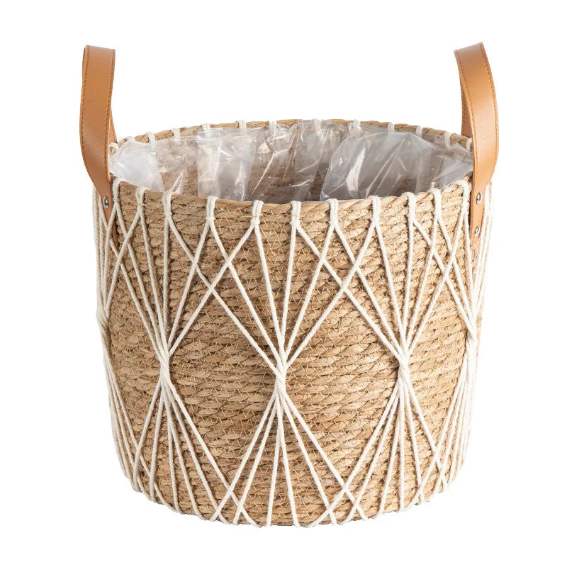 Seagrass Planter Basket with Handles for Indoor Plants & Patio | Natural Woven Plant Pot Cover | Boho Storage Basket, 25cm or 29cm