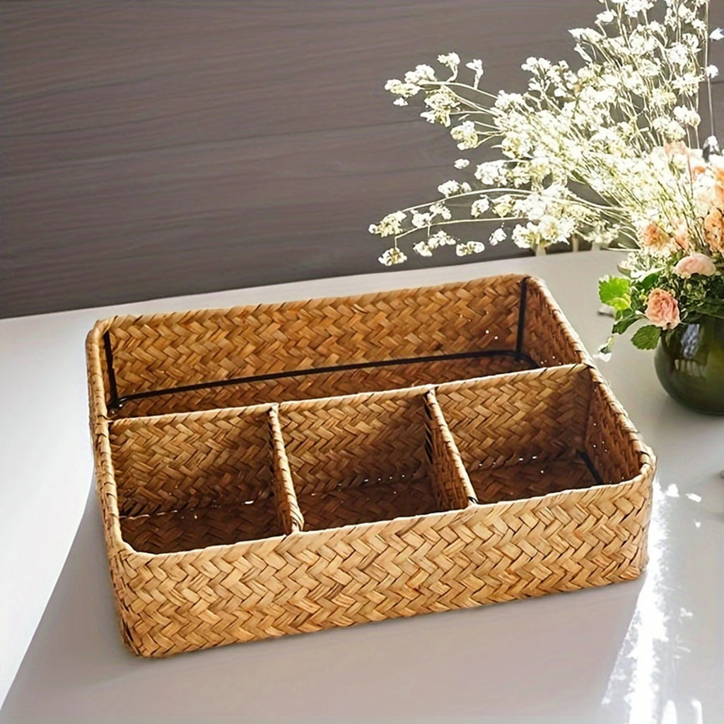 Seagrass Storage Basket with 4 Compartments for Desk, Vanity & Bathroom Counter | Handwoven Wicker Organiser | Eco-Friendly Storage
