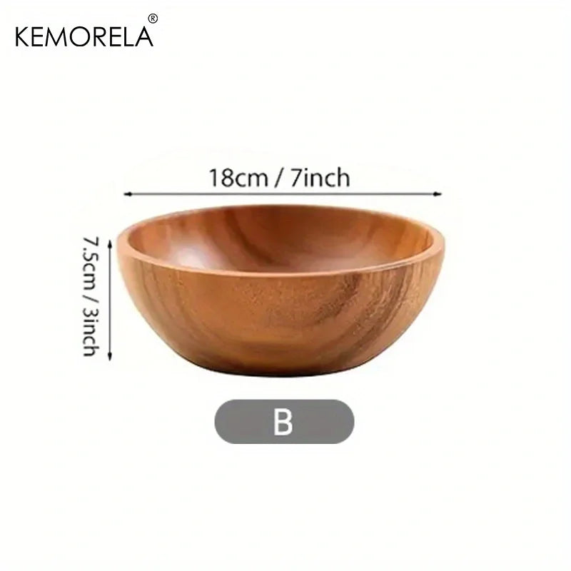 Acacia Wood Salad Bowl for Kitchen & Dining Table | Natural Wooden Serving Bowl for Fruit & Snacks | Heat-Insulating Tableware, 4 Styles