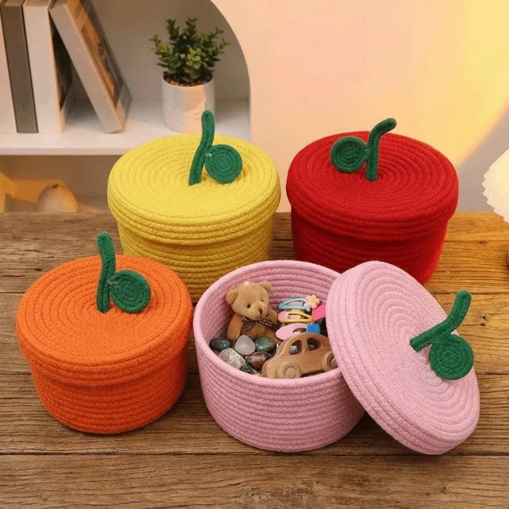 Small Cotton Rope Basket with Lid for Desk, Shelf & Bathroom | Hand-Woven Round Storage Basket | Colourful Lidded Organiser, 20x14cm