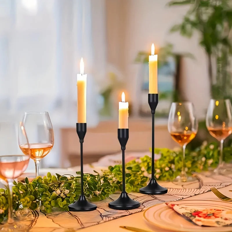Black Metal Candle Holder Set for Dining Table & Mantel | Nordic Minimalist Taper Candlesticks with Round Base | Wedding & Party Centrepiece, 3–30 Pcs
