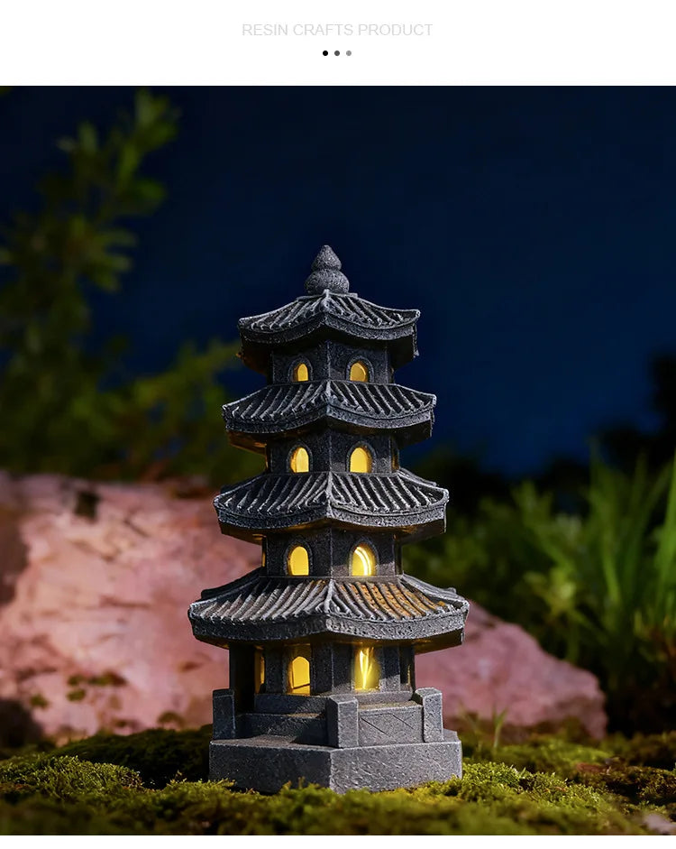 Solar Pagoda Lantern Statue for Garden, Patio & Zen Garden | Japanese Style Resin Garden Ornament | Warm LED Solar Garden Light, 4 Styles