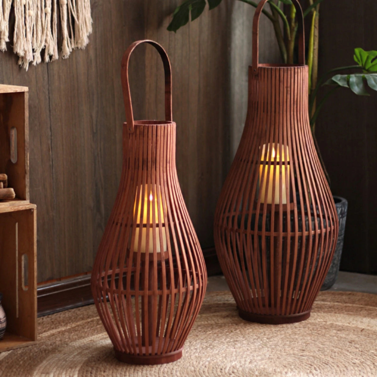 Bamboo Floor Lantern for Patio, Garden & Living Room | Handwoven Boho Lantern with LED Candle | Rustic Decorative Lighting, Small or Large