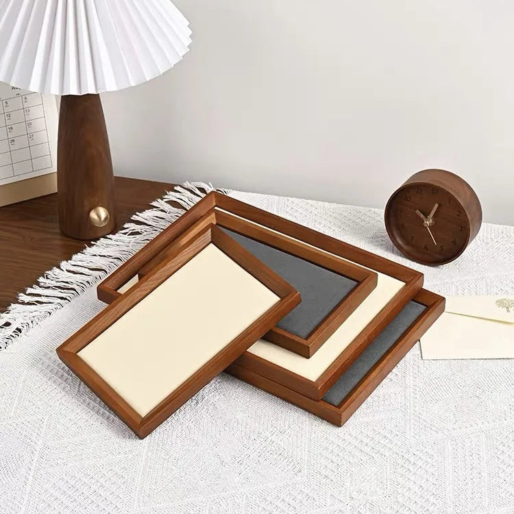Velvet-Lined Wooden Jewellery Tray for Dresser & Vanity | Rectangular Ring, Earring & Bracelet Organiser | Desktop Storage Dish, 4 Styles