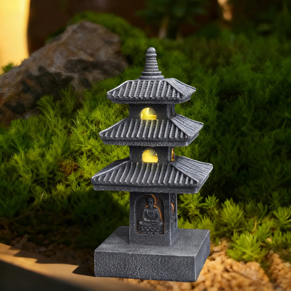 Solar Pagoda Lantern Statue for Garden, Patio & Zen Garden | Japanese Style Resin Garden Ornament | Warm LED Solar Garden Light, 4 Styles