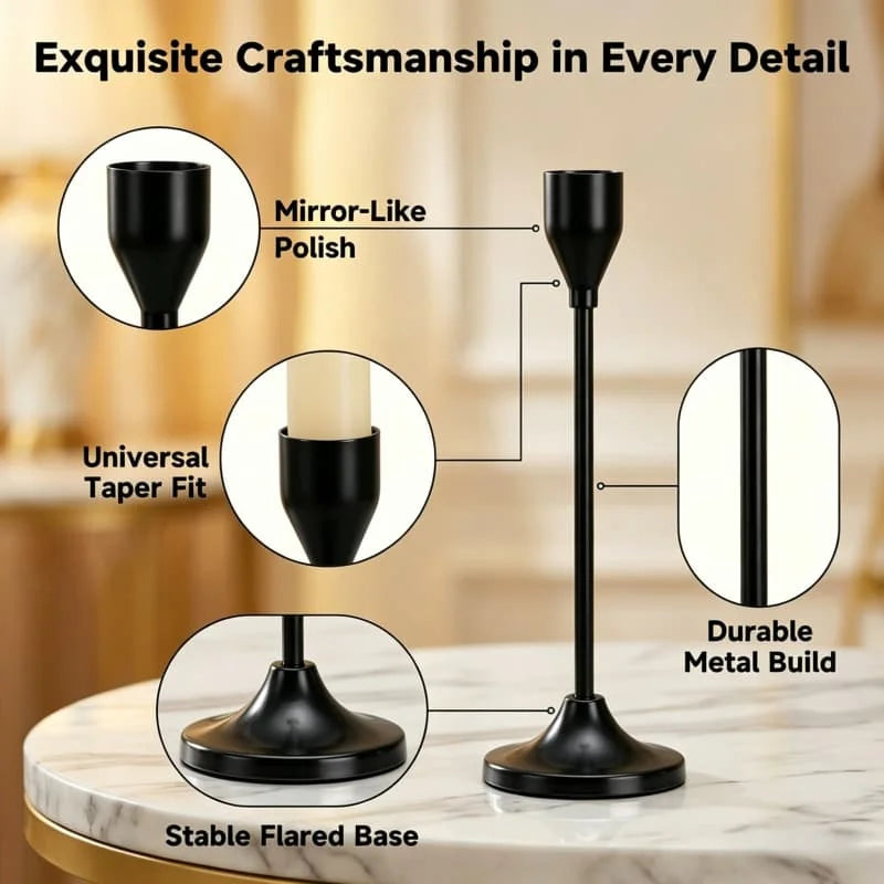 Black Metal Candle Holder Set for Dining Table & Mantel | Nordic Minimalist Taper Candlesticks with Round Base | Wedding & Party Centrepiece, 3–30 Pcs