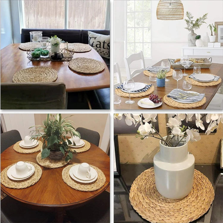 Round Woven Placemats for Dining Table | Natural Straw & Water Hyacinth-Style Boho Place Mats | Farmhouse Table Decor, 30–38cm