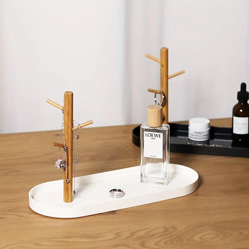 Entryway Key Tray with 3-Tier Wooden Hanging Rack | Key Bowl, Ring Holder & Jewellery Dish Organiser | Minimalist White or Black