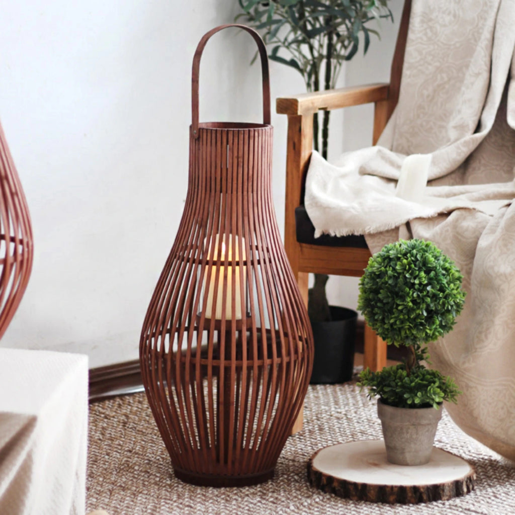 Bamboo Floor Lantern for Patio, Garden & Living Room | Handwoven Boho Lantern with LED Candle | Rustic Decorative Lighting, Small or Large