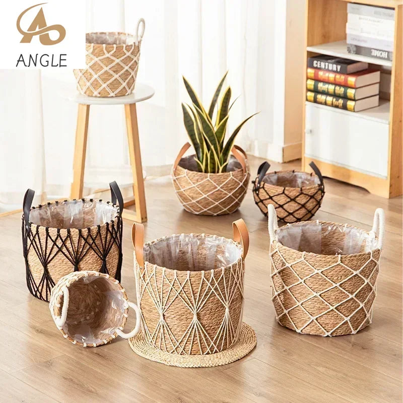 Seagrass Planter Basket with Handles for Indoor Plants & Patio | Natural Woven Plant Pot Cover | Boho Storage Basket, 25cm or 29cm
