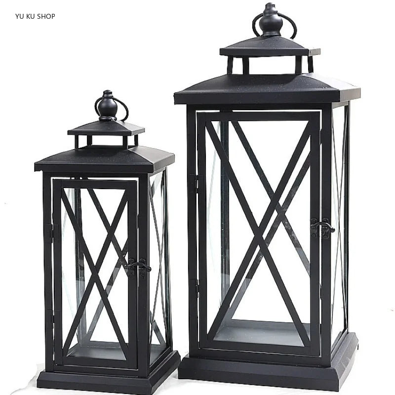 Glass Lantern Candle Holder for Patio, Dining Table & Entryway | Black Metal Hurricane Lantern | Windproof Modern Candle Holder, 30 to 50cm