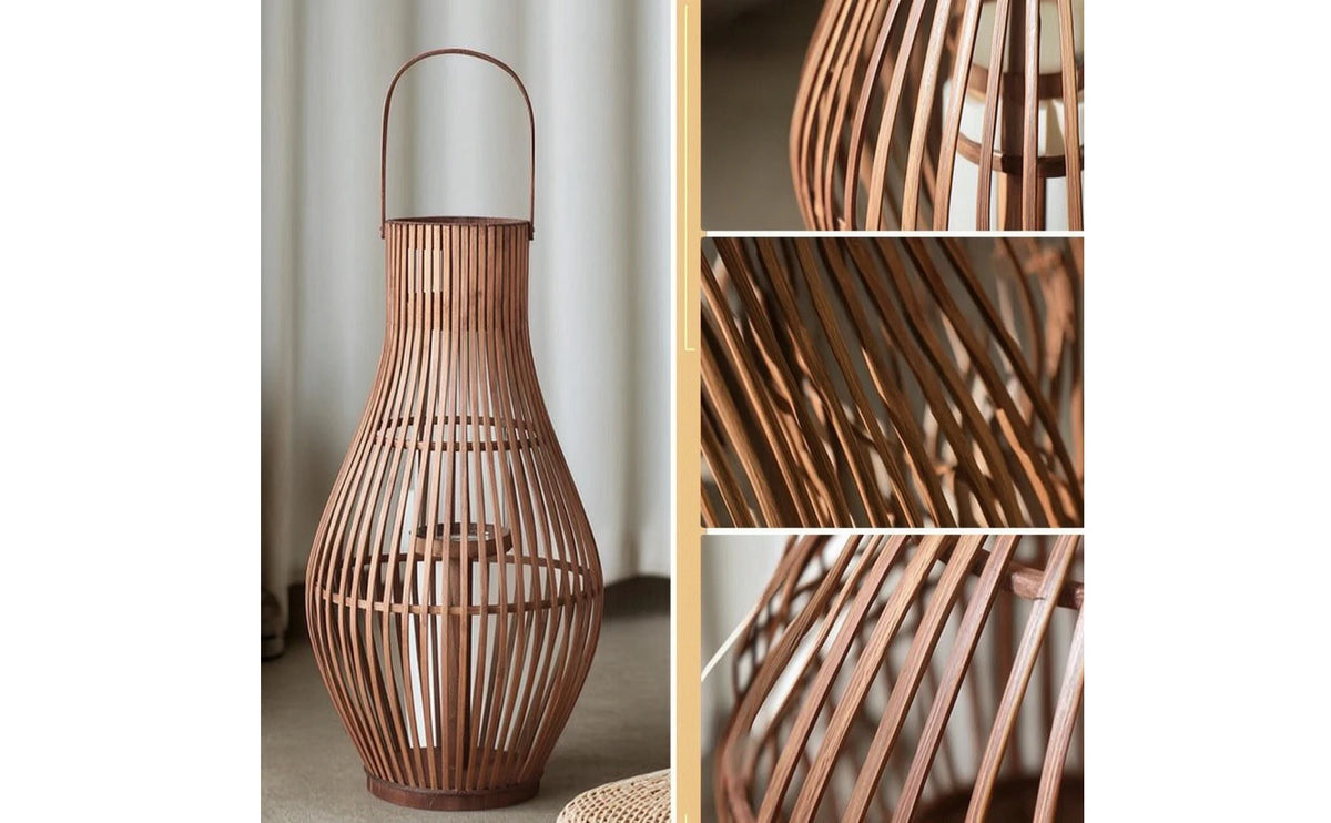Bamboo Floor Lantern for Patio, Garden & Living Room | Handwoven Boho Lantern with LED Candle | Rustic Decorative Lighting, Small or Large