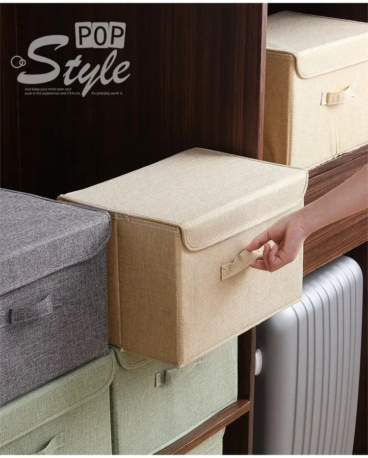 Foldable Cotton Linen Storage Box with Lid for Closet, Nursery & Shelves | Washable Fabric Storage Bin | Toy & Clothes Organiser, 2 Sizes