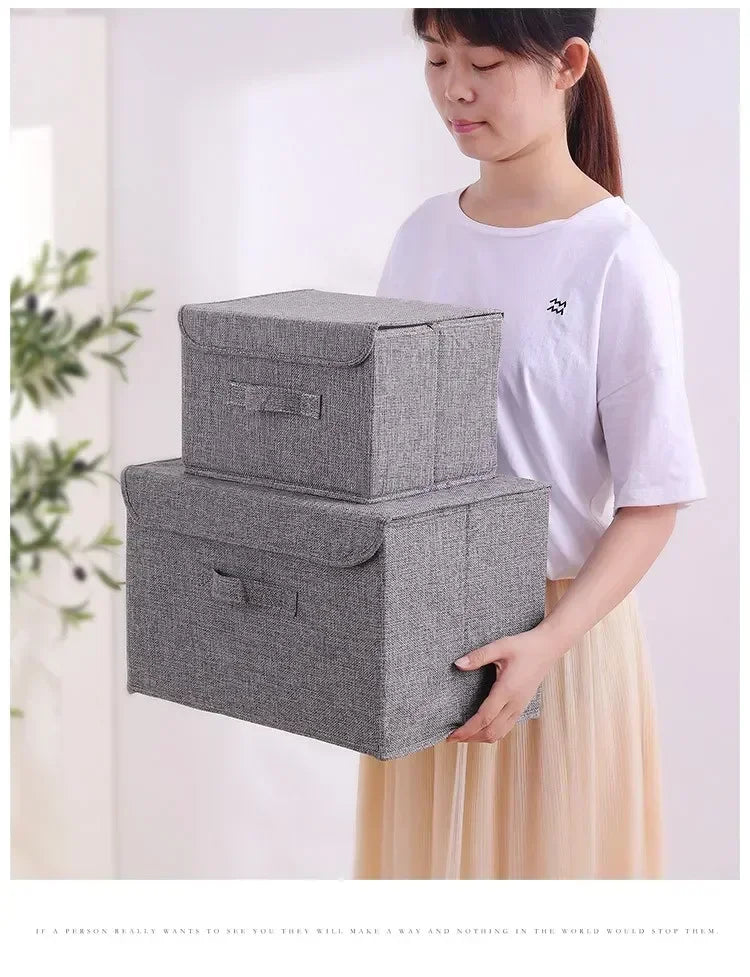 Foldable Cotton Linen Storage Box with Lid for Closet, Nursery & Shelves | Washable Fabric Storage Bin | Toy & Clothes Organiser, 2 Sizes