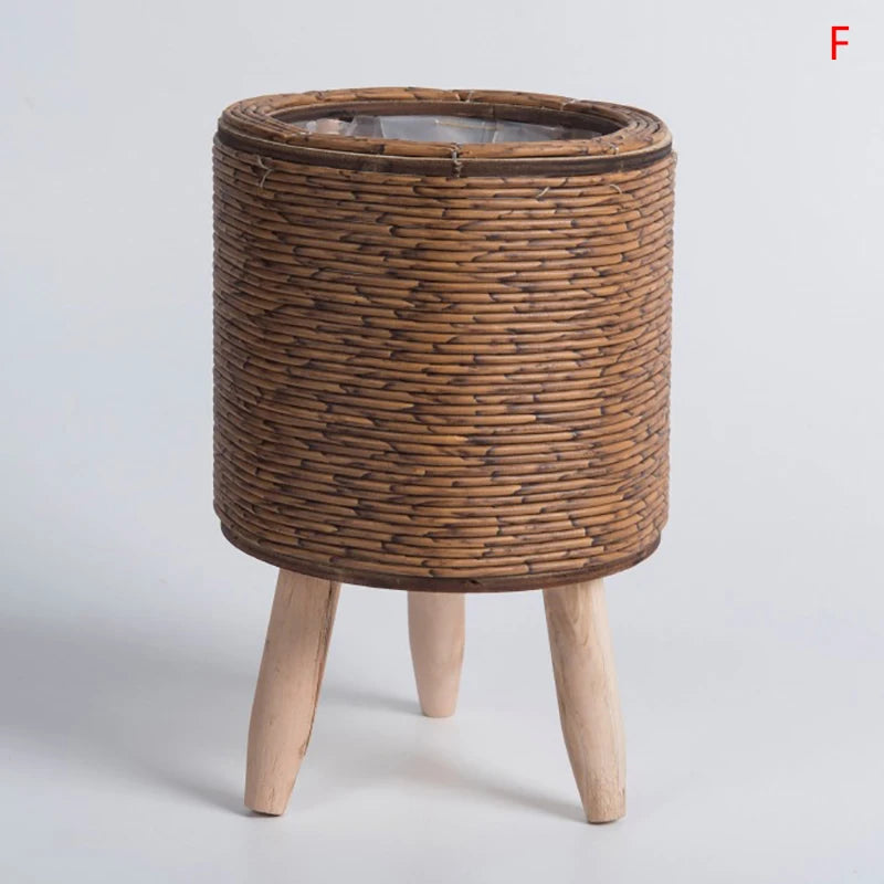 Woven Plant Stand with Removable Wooden Legs for Living Room & Patio | Handmade Rattan-Look Planter Basket | Nordic Plant Pot Holder, 6 Styles