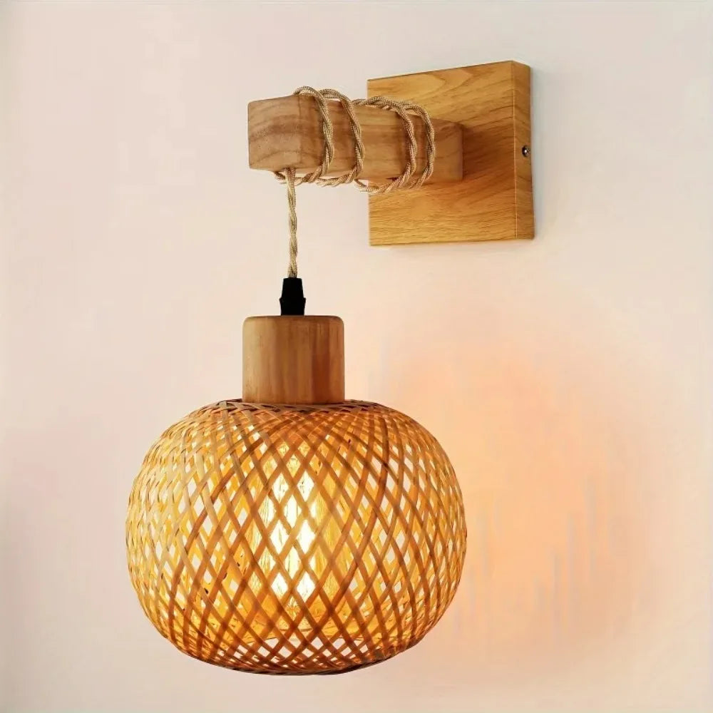 Plug In Wall Sconce for Bedroom & Living Room | Handcrafted Bamboo Rattan Wall Light | Boho Farmhouse Wall Lamp, With or Without Bulb