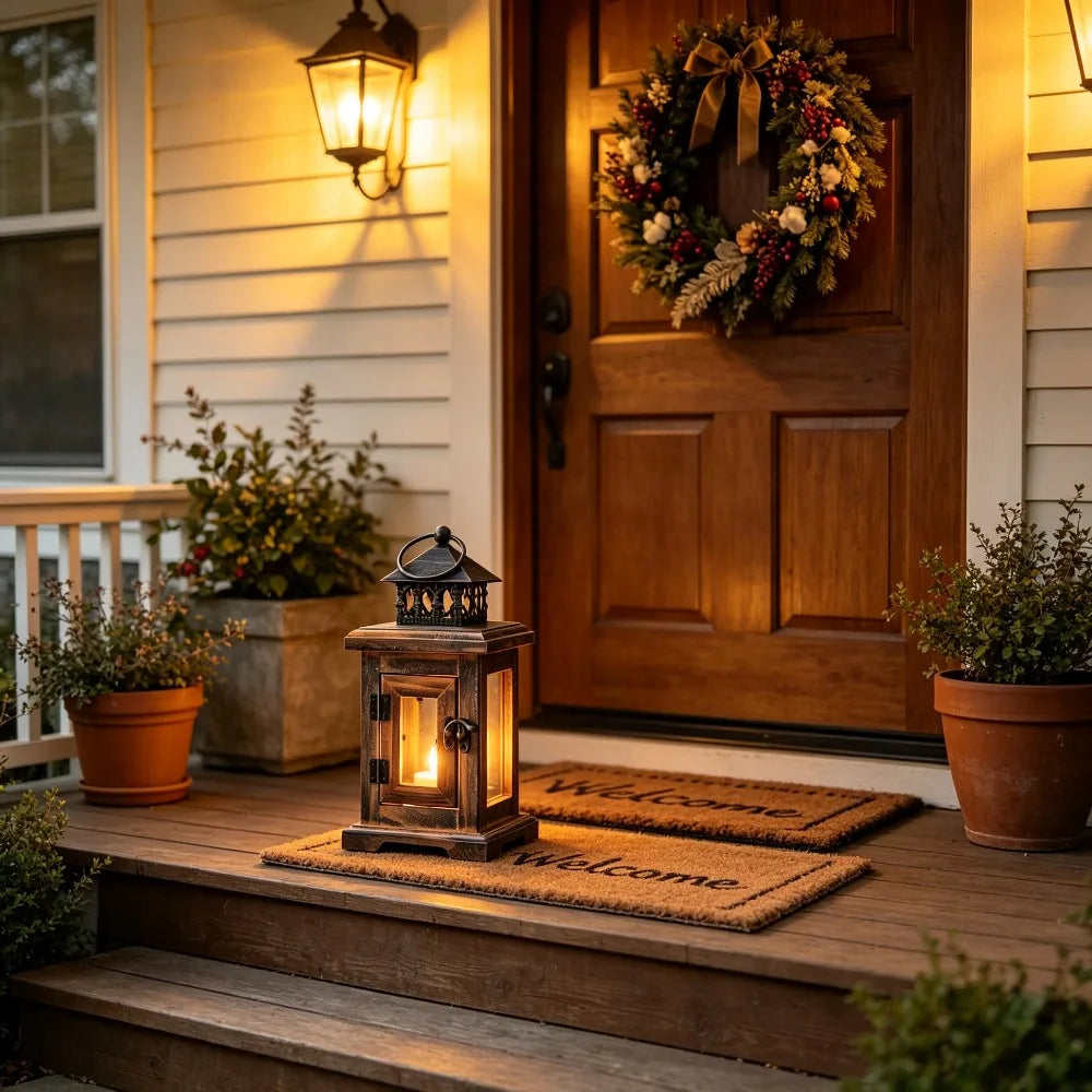 Farmhouse Wooden Candle Lantern for Mantel, Patio & Wedding Decor | Retro Glass Candle Holder | Hanging or Tabletop Lantern