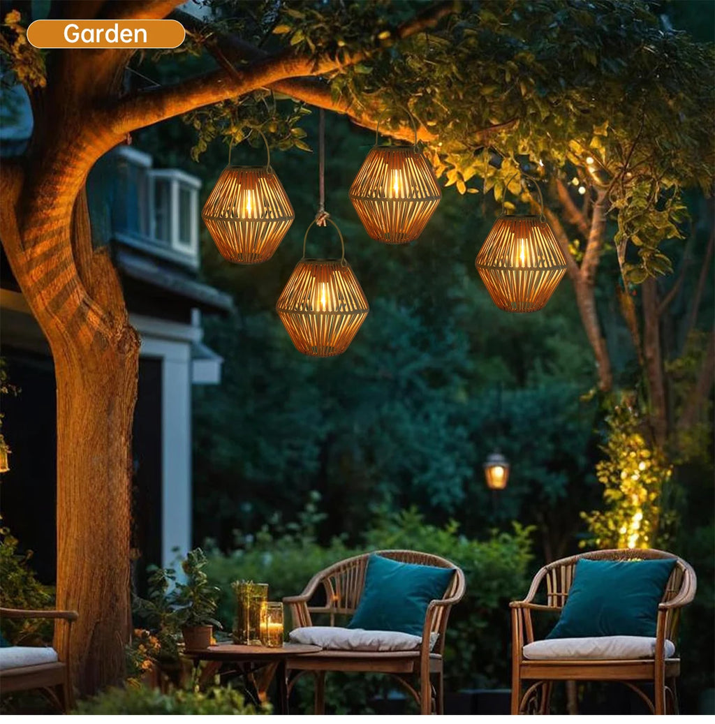 Solar Rattan Lantern for Garden, Patio & Porch | Waterproof Hanging Boho Solar Light | Automatic Outdoor Decorative Lighting, 2 Styles
