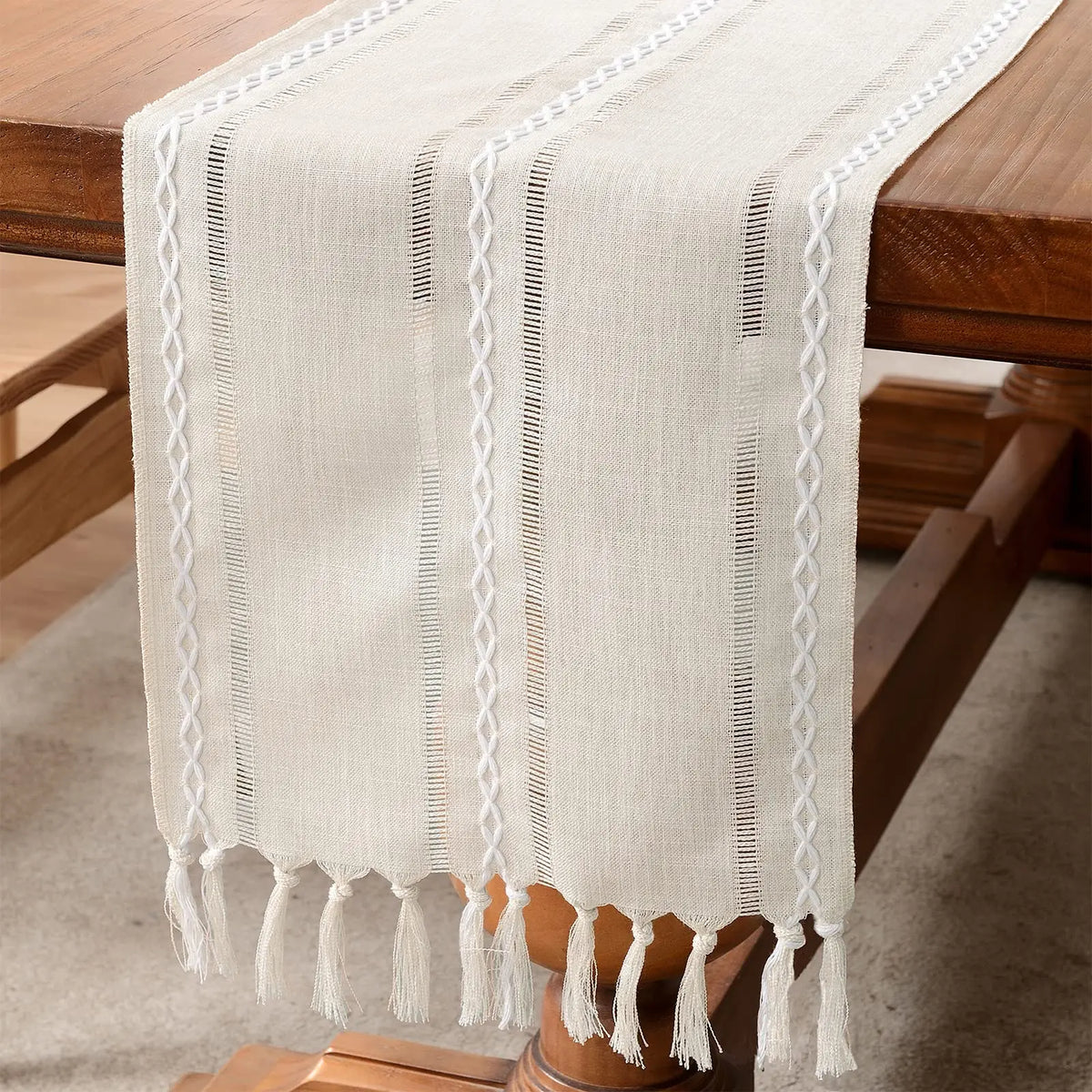 Linen Table Runner with Tassels | Farmhouse Rustic Dining Table Runner for Kitchen, Coffee Table, Parties & Dresser, Ivory, Green or Coffee