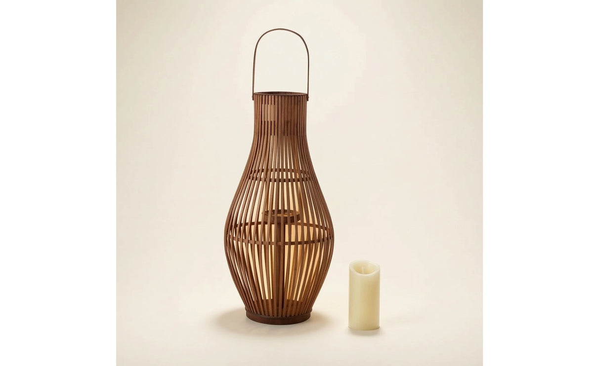 Bamboo Floor Lantern for Patio, Garden & Living Room | Handwoven Boho Lantern with LED Candle | Rustic Decorative Lighting, Small or Large