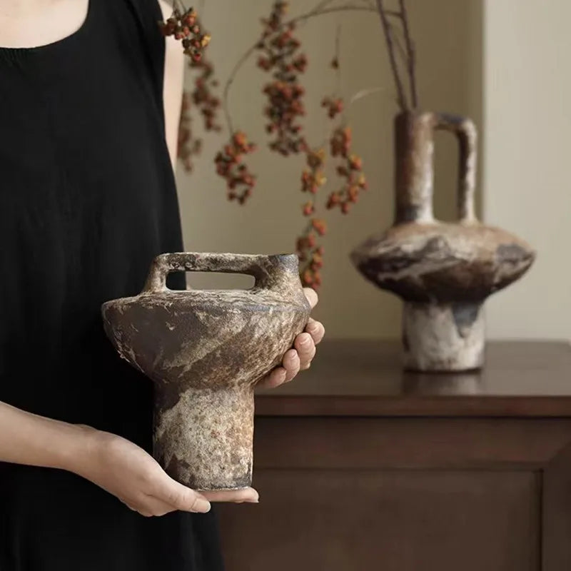 Handmade Coarse Ceramic Vase for Living Room & Tabletop | Wabi-Sabi Zen Flower Vase for Dried Flowers | Retro Pottery Decor, 12 Styles