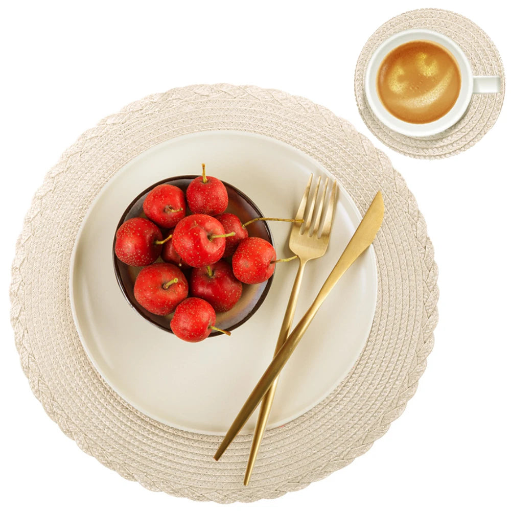 Round Braided Placemats Set of 6 with Coasters for Dining Table | Washable Non-Slip Woven Table Mats | Holiday & Everyday Table Decor, 34cm